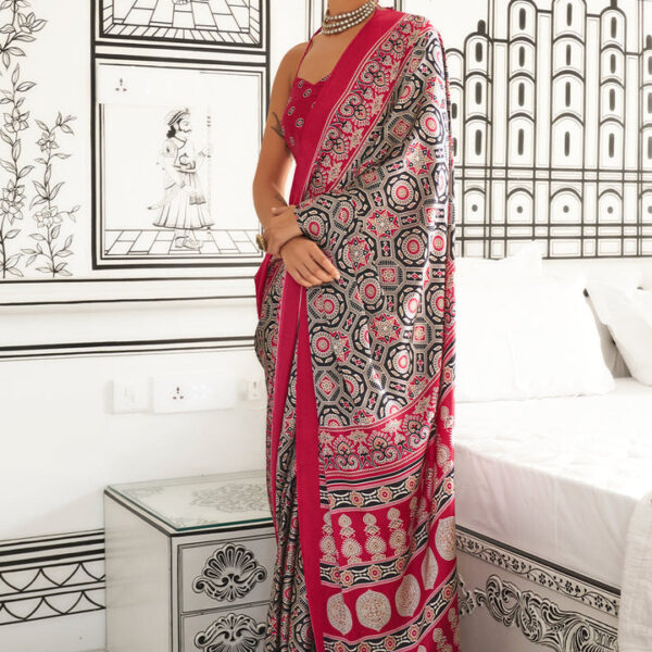 Women's Designer Party Wear Modal Sartin Ajrak Print Saree