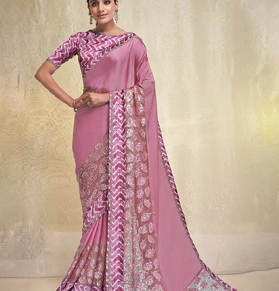 Pink Crepe Georgette Embroidered Saree with Unstitched Blouse