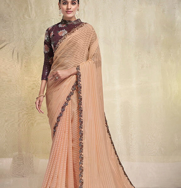 Peach Georgette Embroidered Saree with Unstitched Blouse