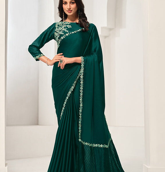Green Crepe Satin Silk Handwork Saree with Unstitched Blouse