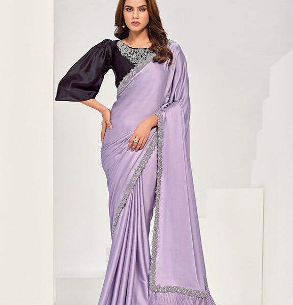 Lavendar Crepe Satin Silk Jardosi Saree with Unstitched Blouse