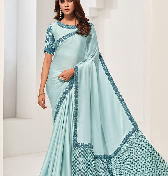 Light Blue Crepe Satin Silk Sequence Work Saree with Unstitched Blouse