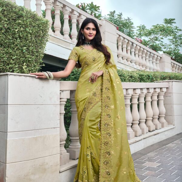 Olive Green Pure Tissue Silk Saree with Zari and Pearl Embellishments