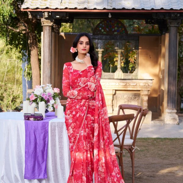 Red Pure Weightless Marbal Printed With Pearl Lace Border Saree