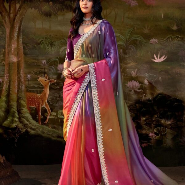 Multi-Color Gradient Saree in Glass Tissue Organza & Embroidery Work