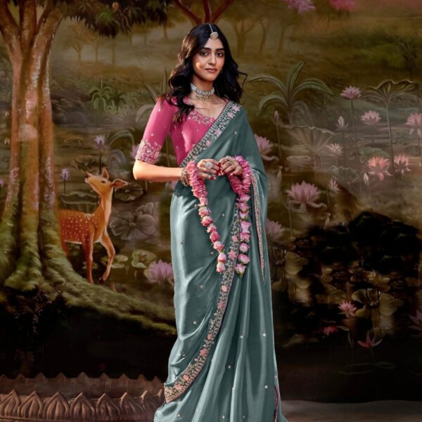 Grey Glass Tissue Organza Saree with Embroidery and Zarkan Work