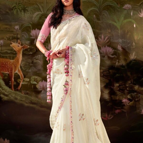 Off-White Glass Tissue Organza Saree with Embroidery & Sequin Work