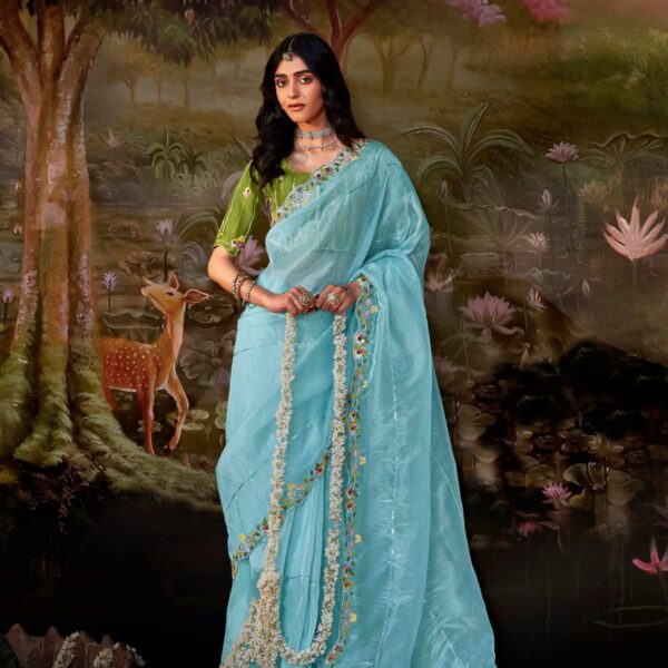 Sky Blue Glass Tissue Organza Saree with Embroidery and Sequin Work