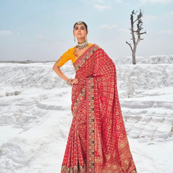 Maroon Pure Georgette Bandhani Saree with Zari Weaving & Dual Blouses