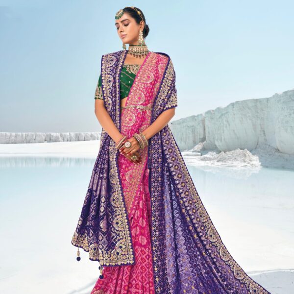 Pink Bandhani Saree with Zari Weaving & Designer Dual Blouses