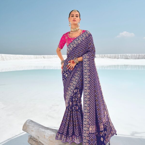 Purple Bandhani Patola Saree with Zari Borders & Dual Blouses