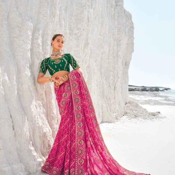 Pink Bandhani Saree with Zari Borders & Dual Designer Blouses