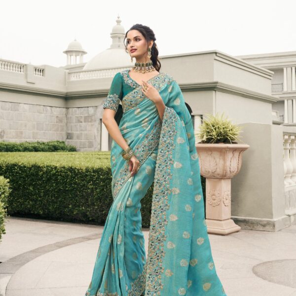 Sky Blue Tissue Silk Saree with Embroidered Mirror Border