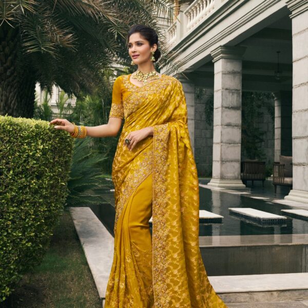 Mustard Yellow Tissue Silk Saree with Real Mirror Embroidery
