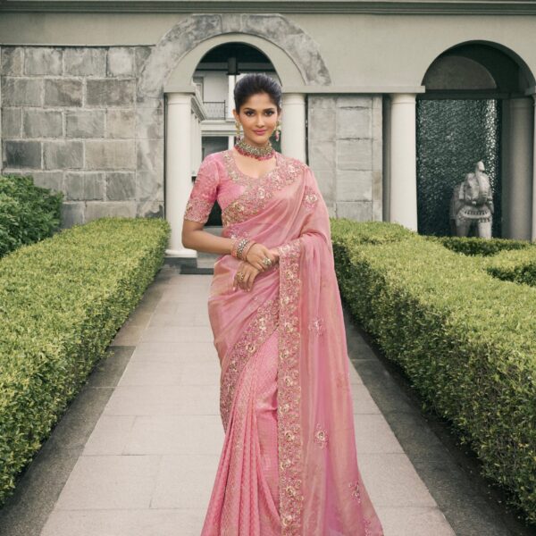 Pink Pure Tissue Silk Saree with Embroidered Mirror Work Border