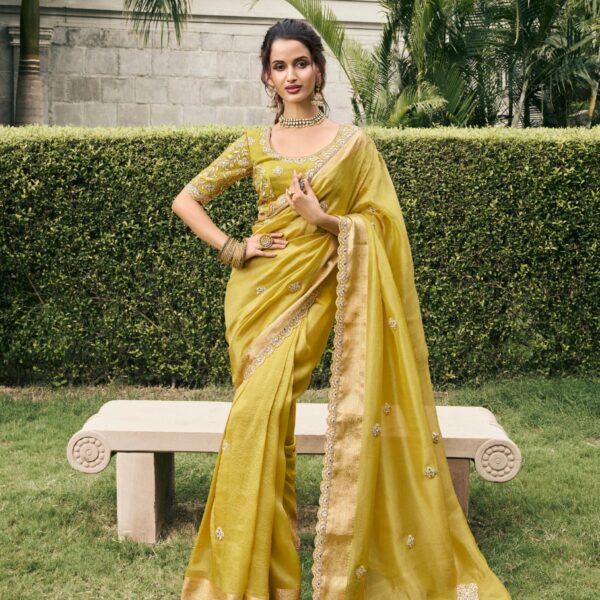 Olive Green Tissue Silk Saree & Zari Weaving & Mirror Embellishments