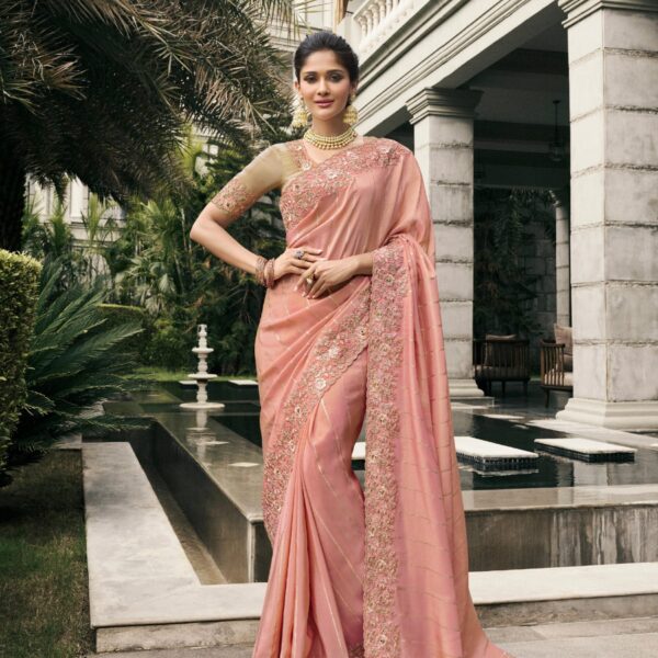 Peach Pink Pure Tissue Silk Saree with Embroidered Zari Border