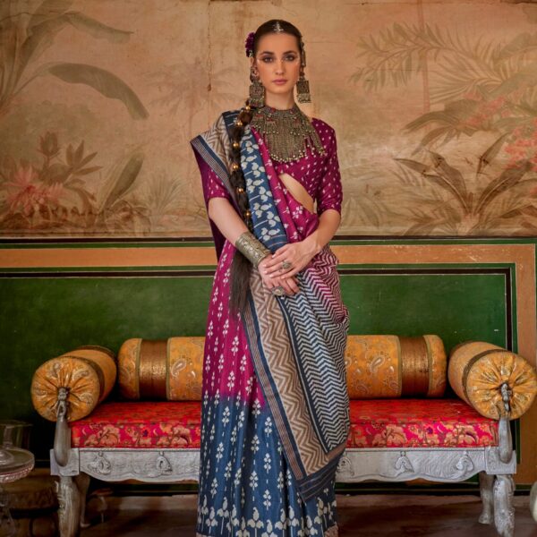 Magenta & Blue Mercerized Sigma Silk Saree with Aqua Finish