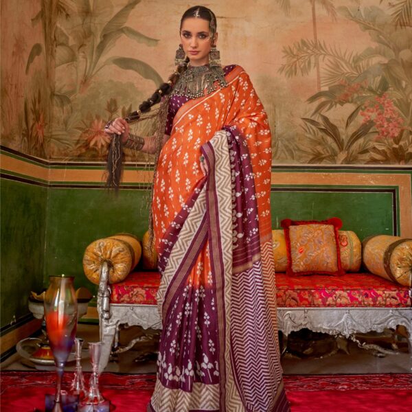Orange & Plum Mercerized Sigma Silk Saree with Aqua Finish