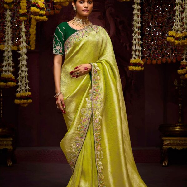Chartreuse Green Banarasi Kanjivaram Saree & Zari Weaving & Stone Work