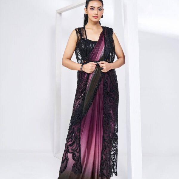 Plum Black Ready-to-Wear Satin Silk Saree with Handwork and Jacket