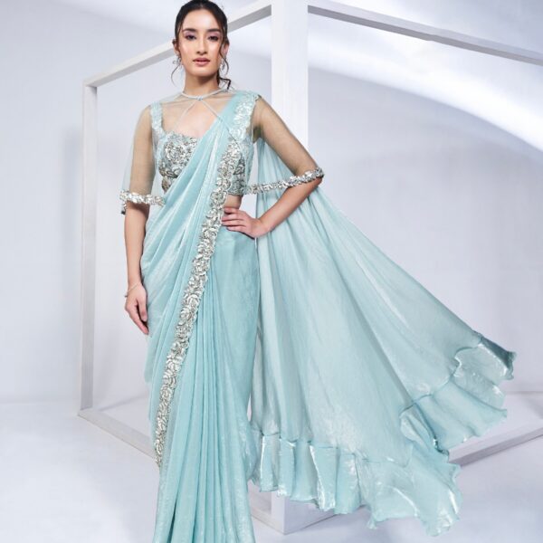 Sky Blue Ready-to-Wear Satin Silk Saree with Pure Handwork & Poncho