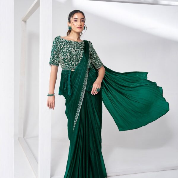 Emerald Green Ready-to-Wear Saree with Heavy Embellished Blouse