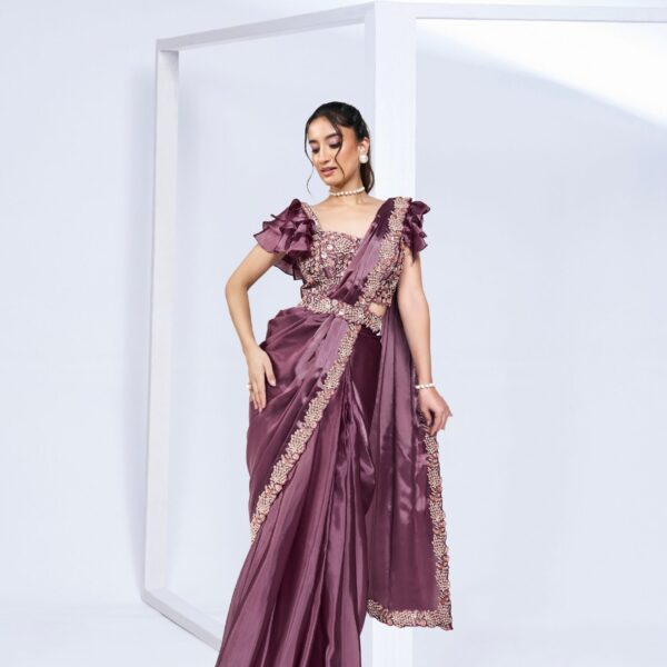 Plum Mauve Ready-to-Wear Saree with Embroidered Designer Blouse