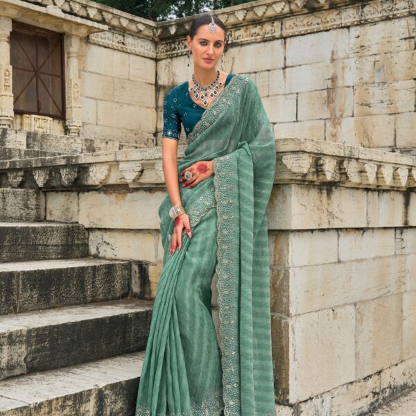 Sea Green Tissue Saree with Moti & Jarkhan Embroidery