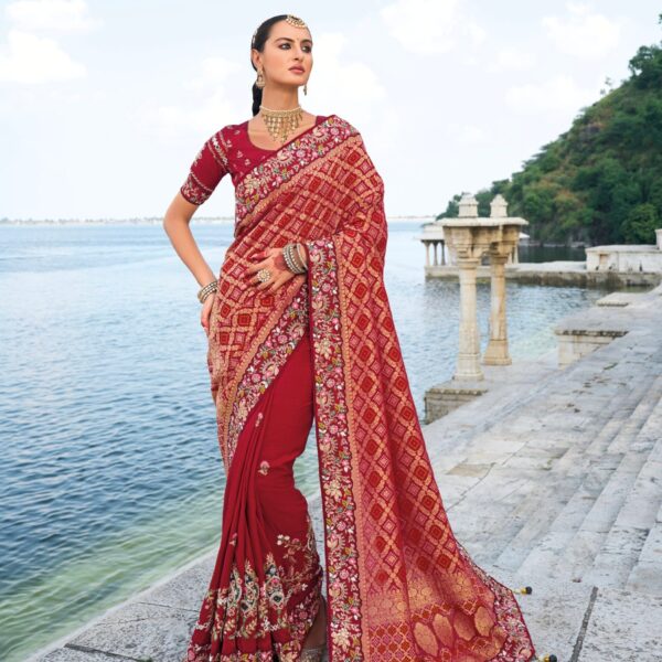 Maroon Bandhej Pure Silk Saree with Heavy Moti and Jari Work