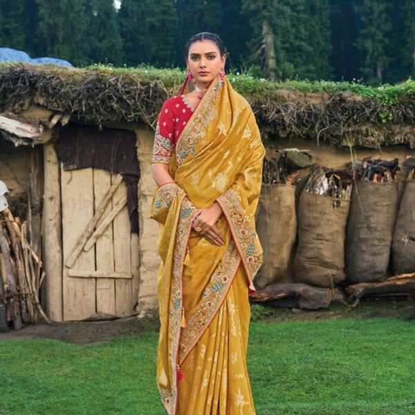 Golden Yellow Dola Silk Saree with Exquisite Khatli Embroidery