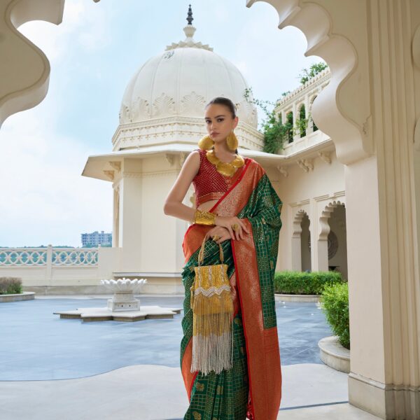 Green and Orange Banarasi Silk Saree with Kanchipuram Weaving