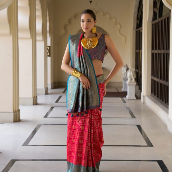 Pink and Blue Banarasi Silk Saree with Kanchipuram Weaving Design