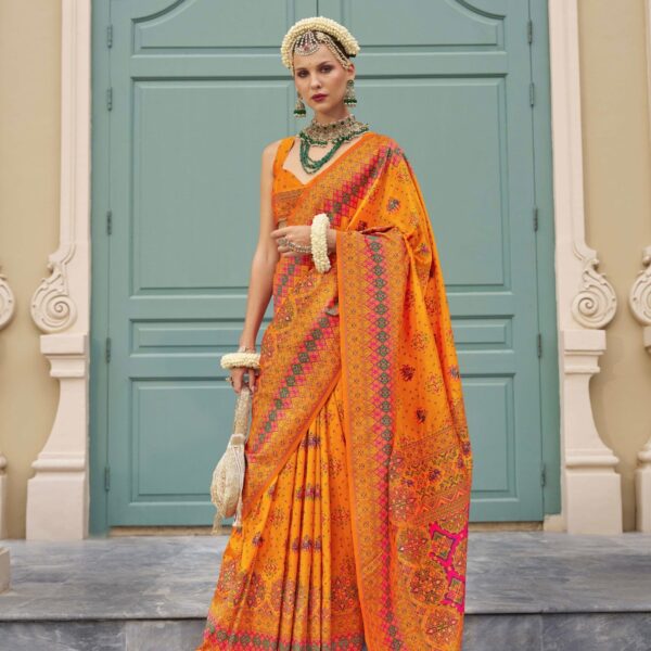 Orange Banarasi Silk Saree with Kashmiri Weaving and Meenakari Work