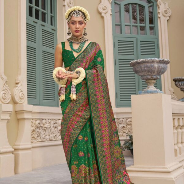 Green Banarasi Silk Saree with Kashmiri Weaving and Meenakari Details