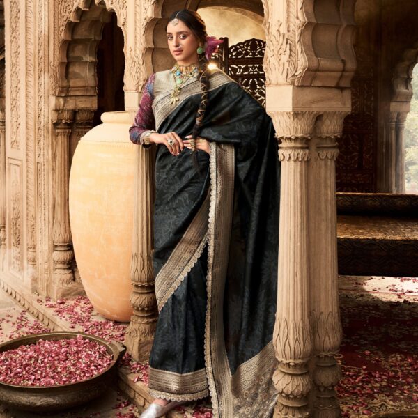 Black Banarasi Silk Saree with Lace Border