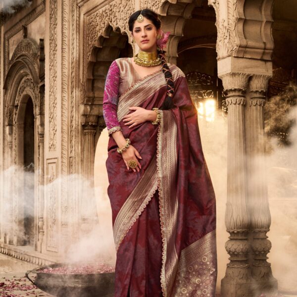 Maroon Banarasi Silk Saree with Heavy Pallu