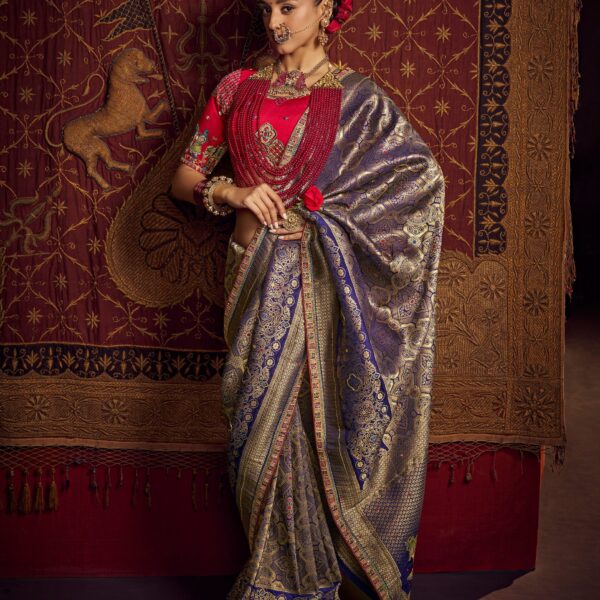 Grey & Red Pure Viscose Dola Banarasi Saree