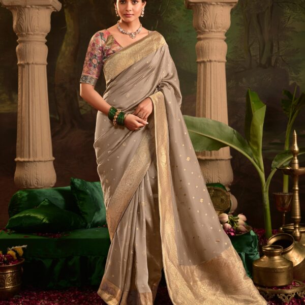 Beige Crepe Dola Silk Designer Saree with Heavy Zari Weaving