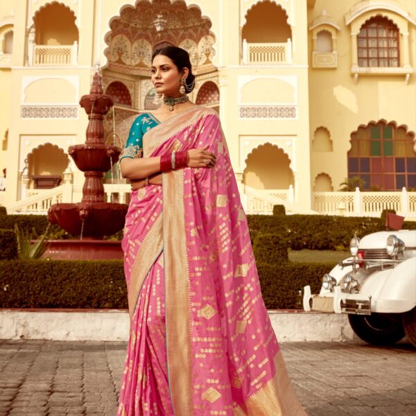 Rose Pink Dola Silk Wedding Saree with Heavy Zari Weaving