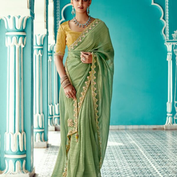 Light Green Organza Crush Saree with Heavy Border