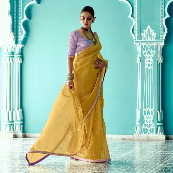 Mustard Yellow Organza Saree with Sequin Embroidery