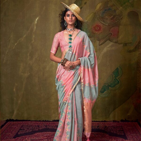 Pastel Blue & Coral Peach Spun Rangkaat Weaving Silk Saree