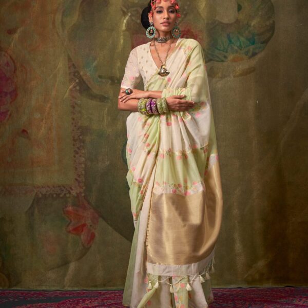Ivory & Light Green Spun Rangkaat Weaving Silk Saree
