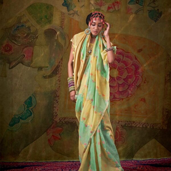 Pastel Yellow & Aqua Green Spun Rangkaat Weaving Silk Saree