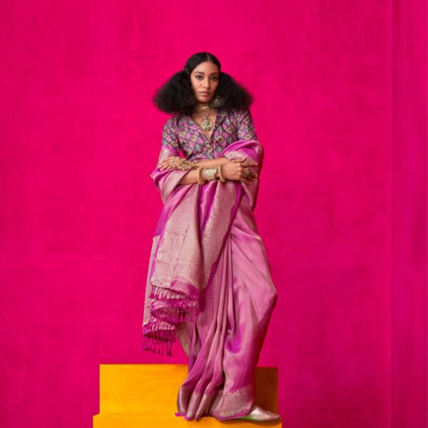 Pink Pure Zari Tissue Saree with Rich Zari Weaving Border