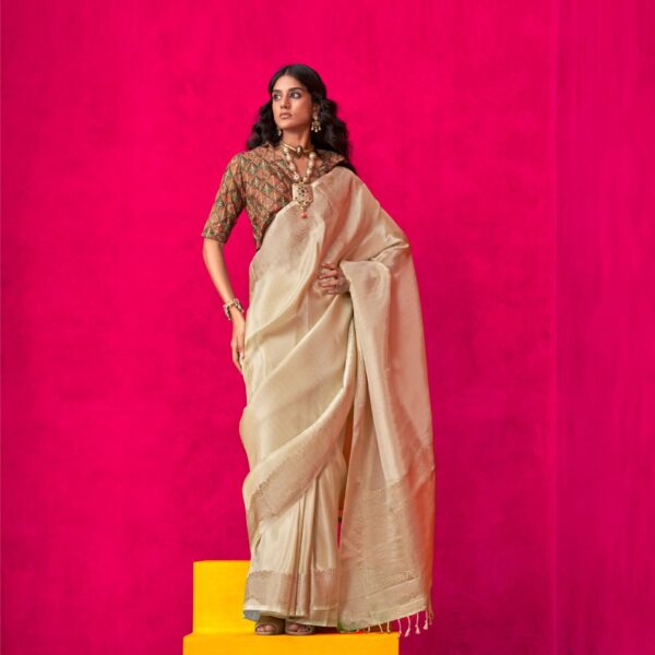 Ivory Pure Zari Tissue Saree with Golden Weaving Border