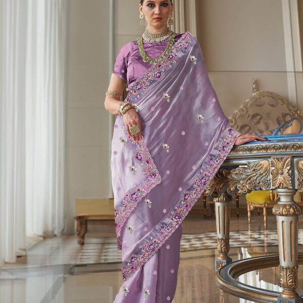 Lavender Fancy Tissue Saree with Intricate Floral Embroidery
