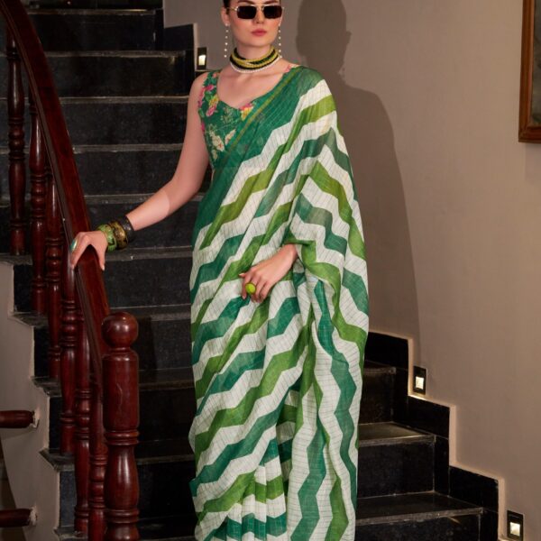 Green & White Wavy Print Linen Cotton Saree