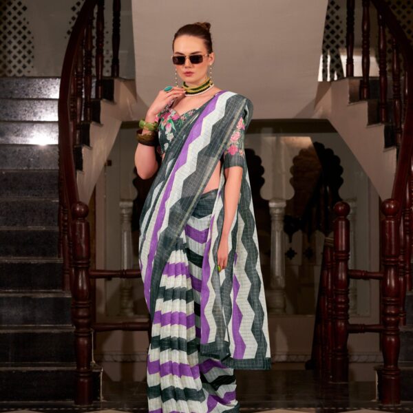 Grey & Purple Wavy Print Linen Cotton Saree